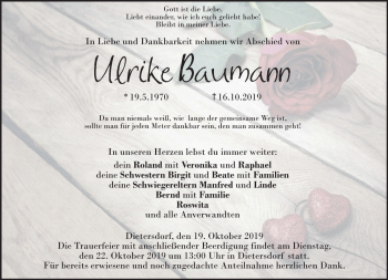 Traueranzeige von Ulrike Baumann von Neue Presse Coburg