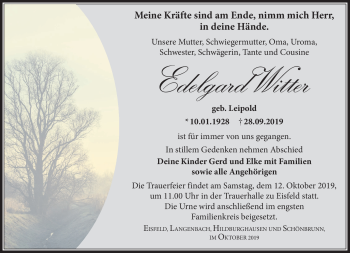 Traueranzeige von Edelgard Witter von Südthüringer Presse