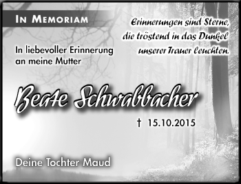 Traueranzeige von Beate Schwabbacher von Südthüringer Presse