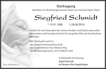 Traueranzeige von Siegfried Schmidt von Südthüringer Presse