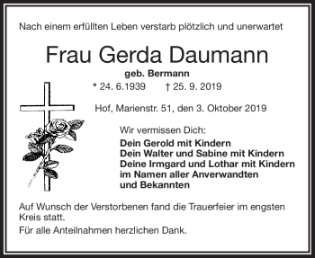 Traueranzeige von Gerda Daumann von Frankenpost