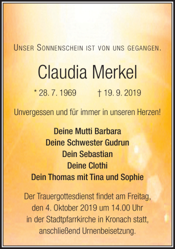 Traueranzeige von Claudia Merkel von Neue Presse Coburg