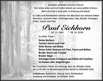 Traueranzeige von Paul Eichhorn von Südthüringer Presse