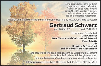 Traueranzeige von Gertraud Schwarz von Südthüringer Presse