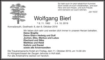 Traueranzeige von Wolfgang Bierl von Frankenpost