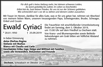 Traueranzeige von Ewald Cyriaci von Südthüringer Presse