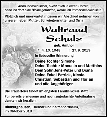 Traueranzeige von Waltraud Schulz von Südthüringer Presse
