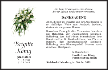 Traueranzeige von Brigitte König von Südthüringer Presse