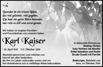 Traueranzeige von Karl Kaiser von Südthüringer Presse