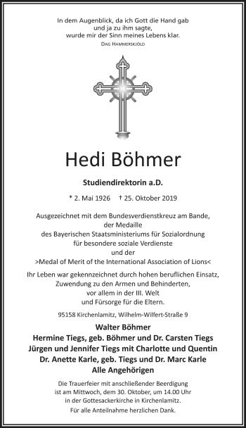 Traueranzeige von Hedi Böhmer von Frankenpost
