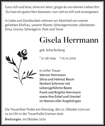 Traueranzeige von Gislea Herrman von Südthüringer Presse