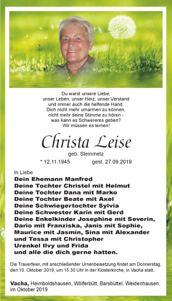 Traueranzeige von Christa Leise von Südthüringer Presse