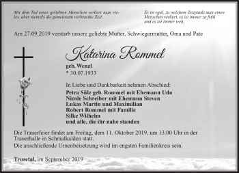 Traueranzeige von Katarina Rommel von Südthüringer Presse