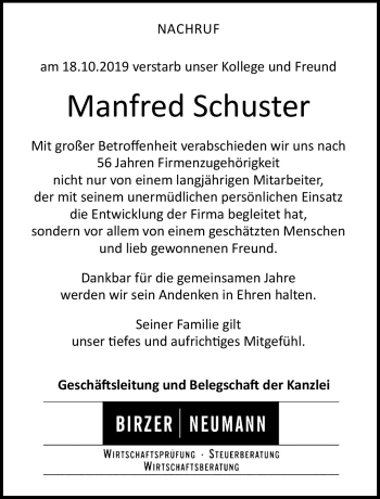 Traueranzeige von Manfred Schuster von Neue Presse Coburg