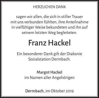 Traueranzeige von Franz Hackel von Südthüringer Presse