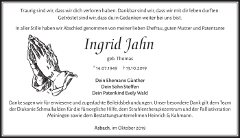 Traueranzeige von Ingrid Jahn von Südthüringer Presse