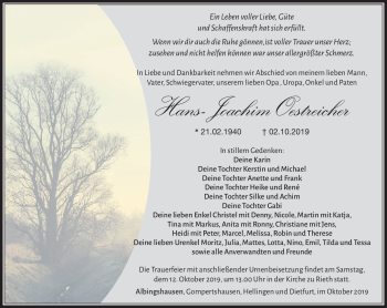 Traueranzeige von Hans-Joachim Oestreicher von Südthüringer Presse