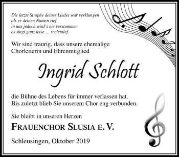 Traueranzeige von Ingrid Schlott von Südthüringer Presse