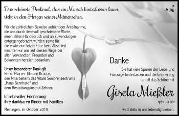 Traueranzeige von Gisela Mießler von Südthüringer Presse