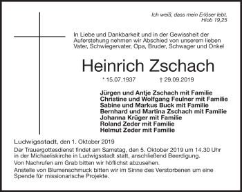 Traueranzeige von Heinrich Zschach von Neue Presse Coburg