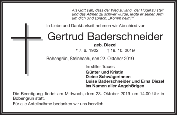Traueranzeige von Gertrud Baderschneider von Frankenpost