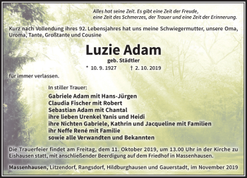 Traueranzeige von Luzie Adam von Südthüringer Presse