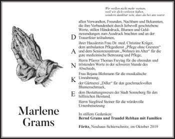 Traueranzeige von Marlene Grams von Südthüringer Presse