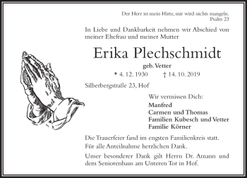 Traueranzeige von Erika Plechschmidt von Frankenpost