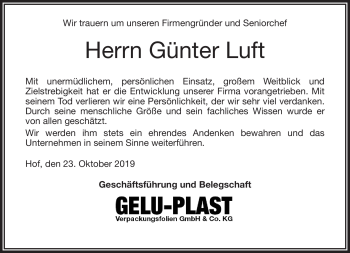 Traueranzeige von Günter Luft von Frankenpost