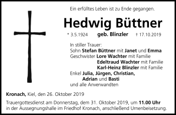 Traueranzeige von Hedwig Büttner von Neue Presse Coburg