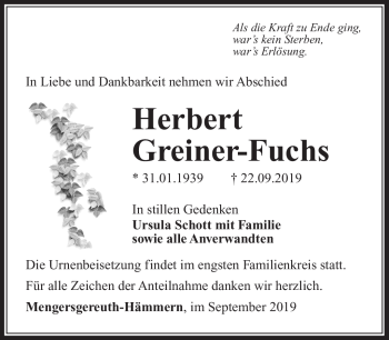 Traueranzeige von Herbert Greiner-Fuchs von Südthüringer Presse