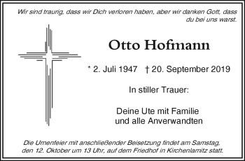 Traueranzeige von Otto Hofmann von Frankenpost