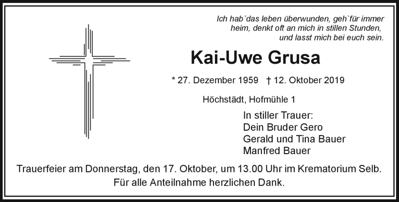  Traueranzeige für Kai-Uwe Grusa vom 16.10.2019 aus Frankenpost