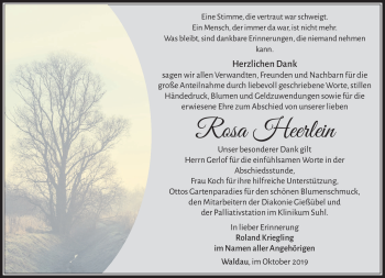 Traueranzeige von Rosa Heerlein von Südthüringer Presse