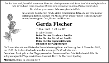 Traueranzeige von Gerda Fischer von Südthüringer Presse