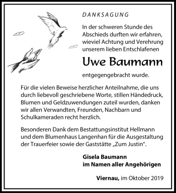 Traueranzeige von Uwe Baumann von Südthüringer Presse