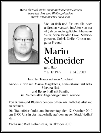 Traueranzeige von Mario Schneider von Südthüringer Presse