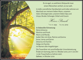 Traueranzeige von Heinz Pausch von Südthüringer Presse