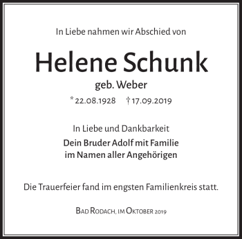 Traueranzeige von Helene Schunk von Neue Presse Coburg