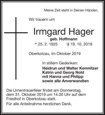 Traueranzeige von Irmgard Hager von Frankenpost