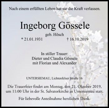 Traueranzeige von Ingeborg Gössele von Neue Presse Coburg