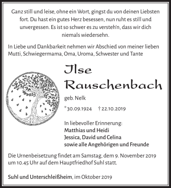 Traueranzeige von Ilse Rauschenbach von Südthüringer Presse