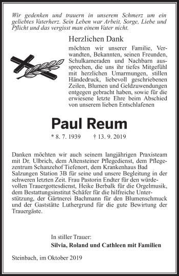 Traueranzeige von Pazúl Reum von Südthüringer Presse