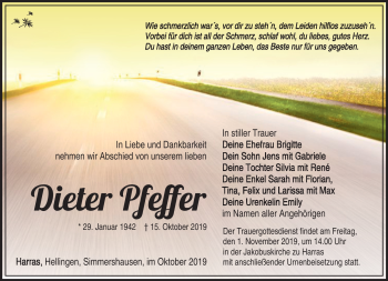 Traueranzeige von Dieter Pfeffer von Südthüringer Presse