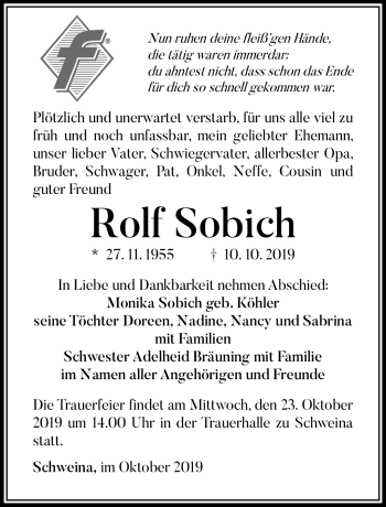 Traueranzeige von Rolf Sobich von Südthüringer Presse