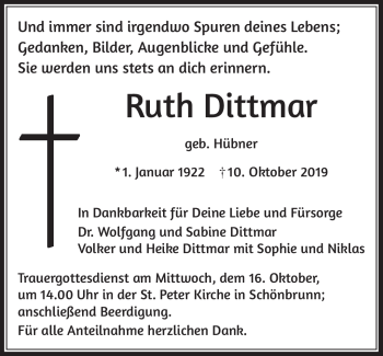 Traueranzeige von Ruth Dittmar von Frankenpost