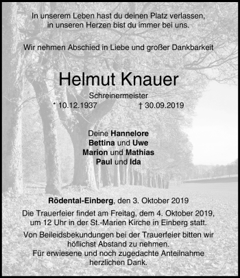 Traueranzeige von Helmut Knauer von Neue Presse Coburg