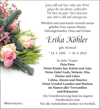 Traueranzeige von Erika Köhler von Frankenpost