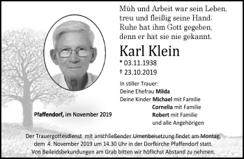 Traueranzeige von Karl Klein von Neue Presse Coburg