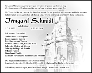 Traueranzeige von Irmgard Schmidt von Südthüringer Presse